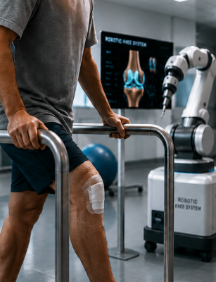 Patient in robotic knee replacement recovery